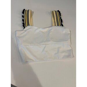 Striped Yellow & Black Strap White Crop Top With Ruffle Detail